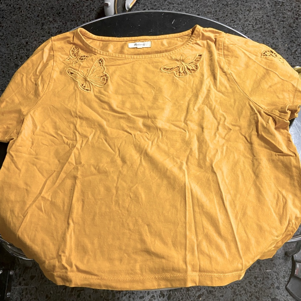 Madewell Mustard Yellow Blouse with Butterfly Embroidery